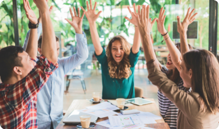 People who work in the field of medical cannabis and craft cannabis products raise their hands up